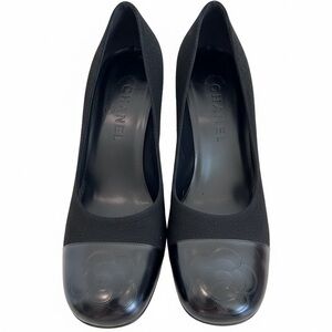 Vintage CHANEL Black Camellia Cap-Toe Pumps- size 38